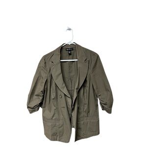 🟢INC: Women’s L, army green 3/4 scrunch sleeve button jacket w/collar, preowned